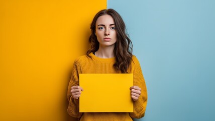 Woman in yellow sweater holding blank yellow card