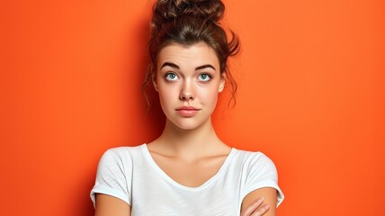 Woman in white T-shirt against orange background