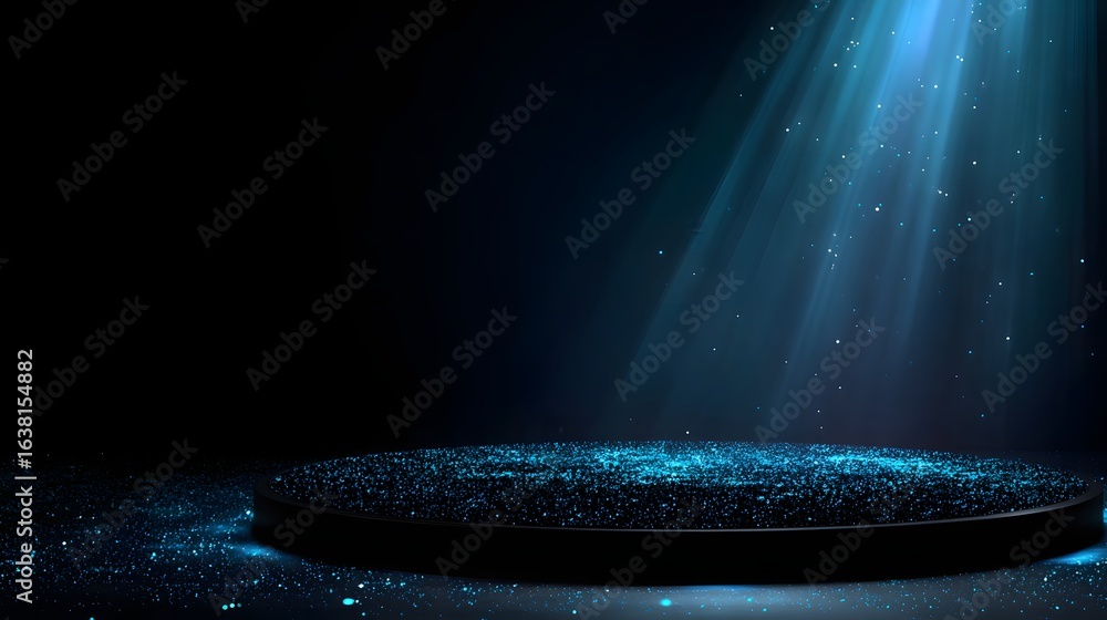 Poster circular platform with a light beam and glittering particles.