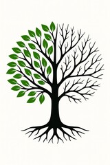 Fototapeta premium Dual-season tree illustration with green leaves and bare branches, symbolizing change, balance, sustainability, and renewal.