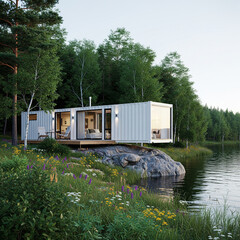 A modern white container home sits perched on a rocky lakeshore