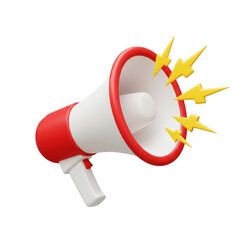 Red and white megaphone with yellow lightning bolts isolated on transparent background