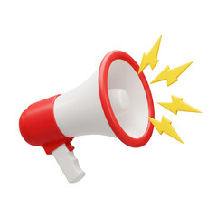 Red and white megaphone with yellow lightning bolts isolated on transparent background