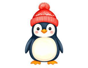 Naklejka premium Adorable Penguin Wearing Red Knitted Winter Hat, isolated on transparent background PNG”