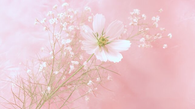 White flower on pink background, minimalist floral elegance and delicate beauty
