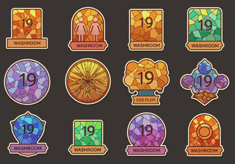 A collection of decorative, stained-glass style icons featuring the number 19 and various designs, including washroom symbols and abstract patterns.