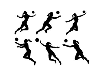A collection of black silhouettes of women playing volleyball, showcasing various action poses such as jumping, running, and reaching for the ball.