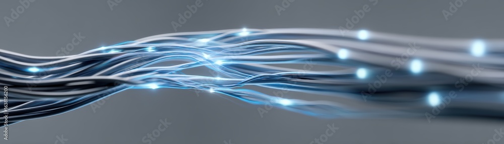 Poster a visual representation of flowing, illuminated wires, suggesting movement and connectivity in a dig