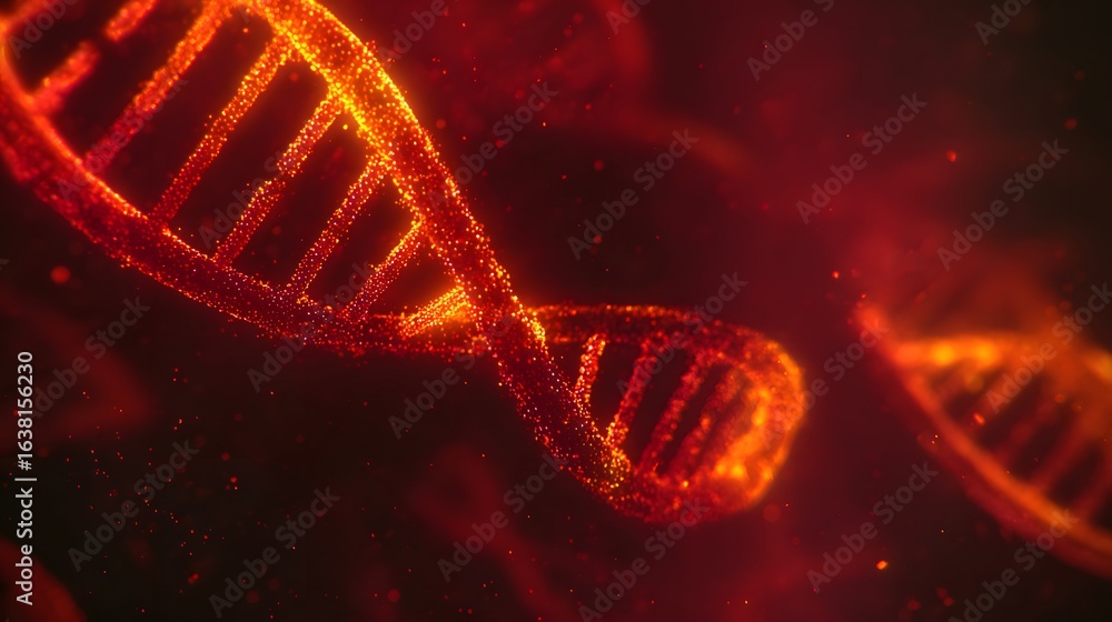 Poster abstract representation of dna strands in a fiery color scheme.