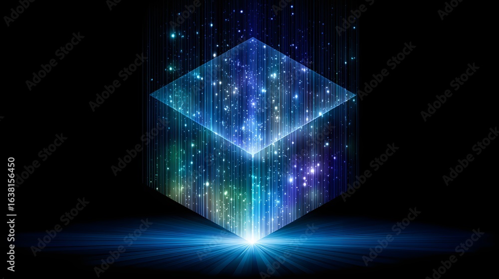 Poster abstract digital cube with glowing lines and light effects.