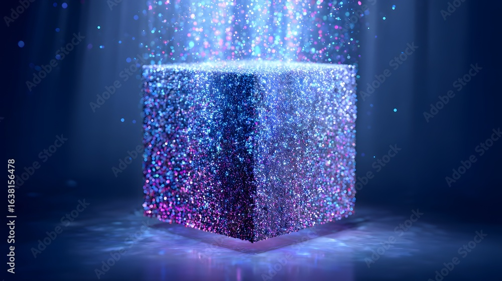 Poster 3d rendered cube with iridescent glitter particles.