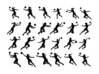 A collection of dynamic black silhouettes of women playing volleyball.