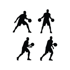 Basketball player silhouettes dribbling and shooting action poses sports graphic