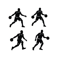 Basketball players dribbling silhouette vector set, male athletes in action, dynamic sports illustrations