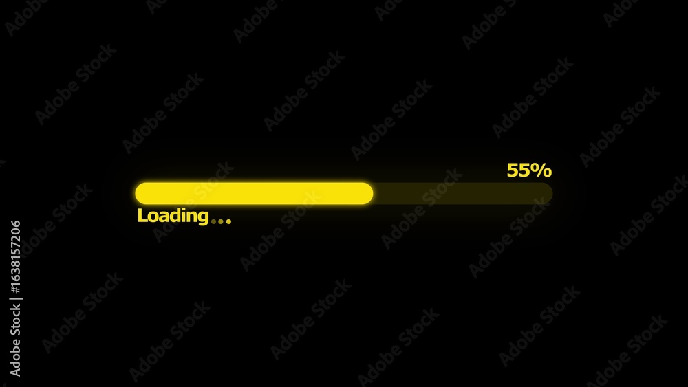 Poster yellow loading bar progressing to 55 percent on black background digital interface element