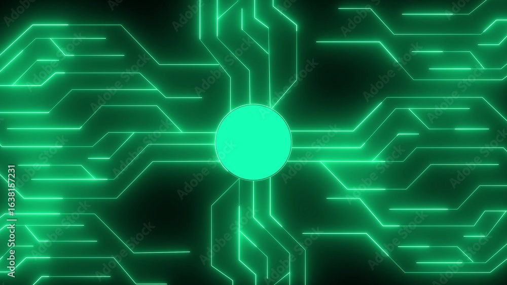 Poster abstract digital circuit board design with glowing green lines and a central circle on a dark backgr