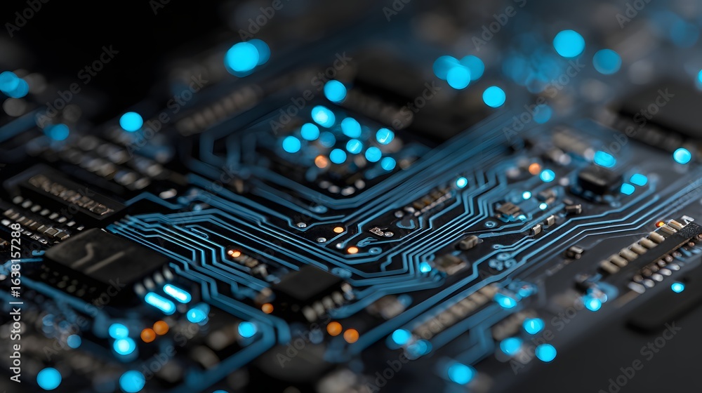 Poster close-up view of intricate circuit board pathways.