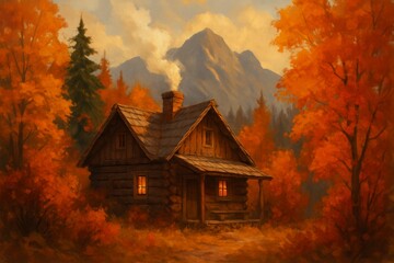 Cozy log cabin with glowing windows in an autumn forest beneath mountains&mdash;rustic painted scene for seasonal projects.