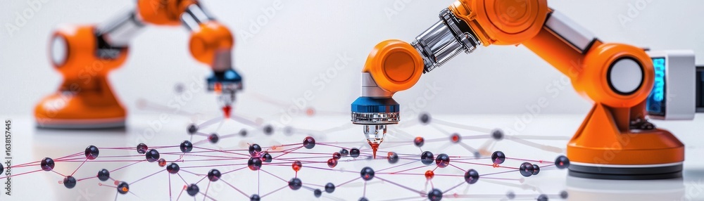 Poster a close-up of robotic arms manipulating a network of nodes, showcasing automation and advanced techn
