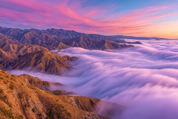 Naklejka premium Sunrise over mountains, clouds flowing through valleys