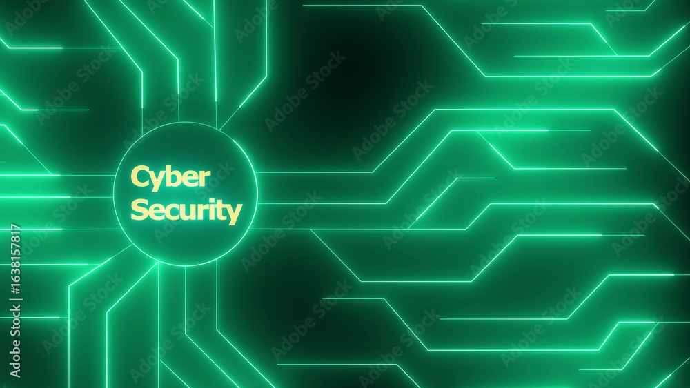 Poster cyber security concept with glowing green circuit board lines and yellow text on dark background