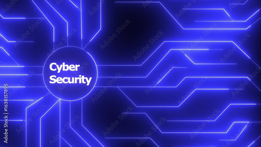 Poster cyber security concept with glowing blue circuit board lines and text on dark background