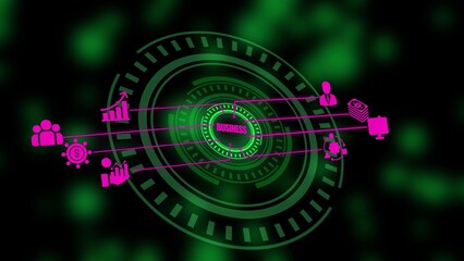 Futuristic Business Concept Illustration with Green and Pink Circular Elements and Icons on a Black Background