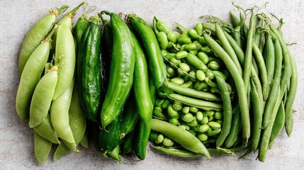 Obraz premium Fresh green beans and snap peas stacked neatly on a clean surface