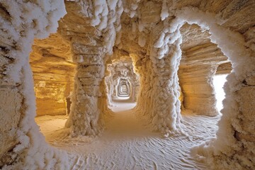 Icy cave tunnel, columns of ice