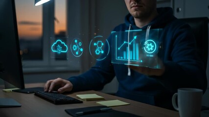 An adult man in a blue hoodie performs data analysis via an augmented reality holographic interface, featuring business intelligence, cloud computing, and digital technology in an evening office - Powered by Adobe