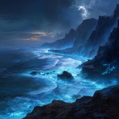 Majestic Ocean Waves Crashing Against Rugged Rocky Shoreline at Sunset