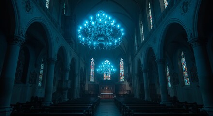 Ethereal Blue: A Mystical Chandelier Illuminates Dark Church Interior Space