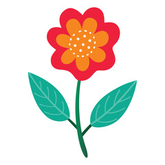Obraz premium Vector art of simple red and orange flower with green leaves and stem isolated on white background