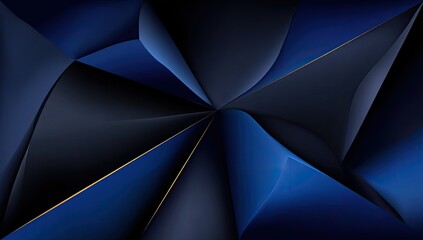 Abstract geometric design with deep blue and black shapes and gold lines