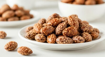 Candied almonds on a white plate. Sweet roasted sugared nuts snack. Close-up of caramelized almonds with a crunchy sugar coating.