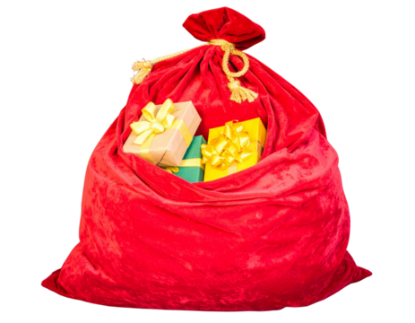  Traditional Red Santa Sack Filled with Gifts, isolated on transparent background PNG - Powered by Adobe