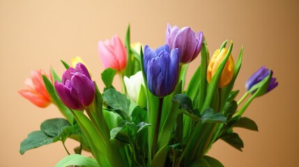 Naklejka premium Vibrant tulips with green foliage, soft daylight, copy space. Fresh spring floral beauty in natural harmony.