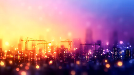Obraz premium Urban skyline with vibrant colors and construction cranes at sunset dusk