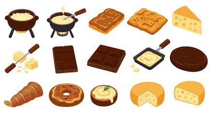 A delectable collection of illustrated food icons showing cheese, chocolate, fondue, and dessert preparation