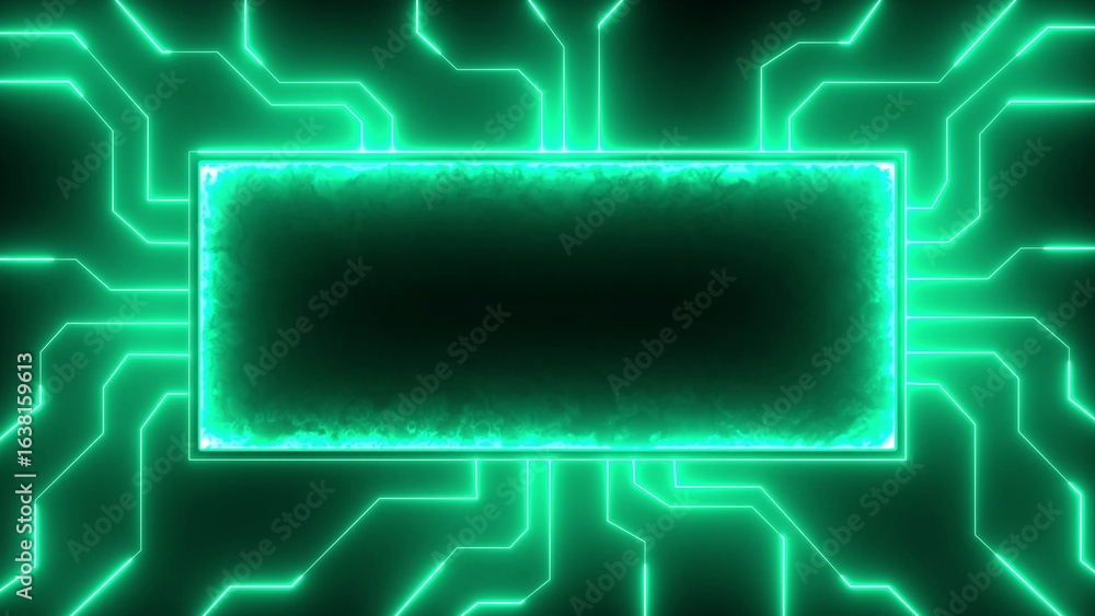 Poster Glowing Green Circuit Board with Central Rectangle and Neon Lines on a Dark Background