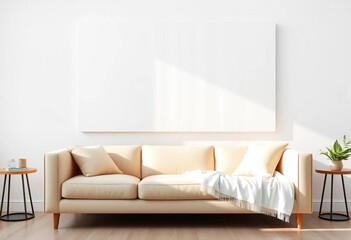 Fototapeta premium Beige sofa, white blanket, large blank canvas above, white walls, minimalist living, modern