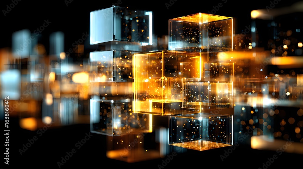 Poster transparent cubes of light and shadow in a complex arrangement.