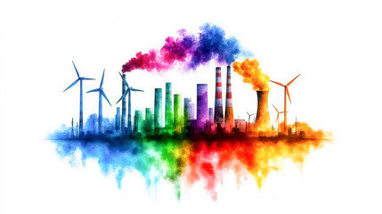 Fototapeta premium Colorful Illustration of Renewable Energy and Pollution in Urban Landscape