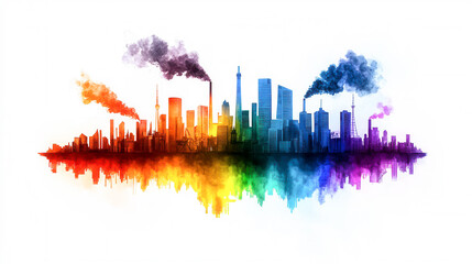 Obraz premium Colorful Urban Skyline with Reflection and Smoky Towers in Vibrant Rainbow Hues