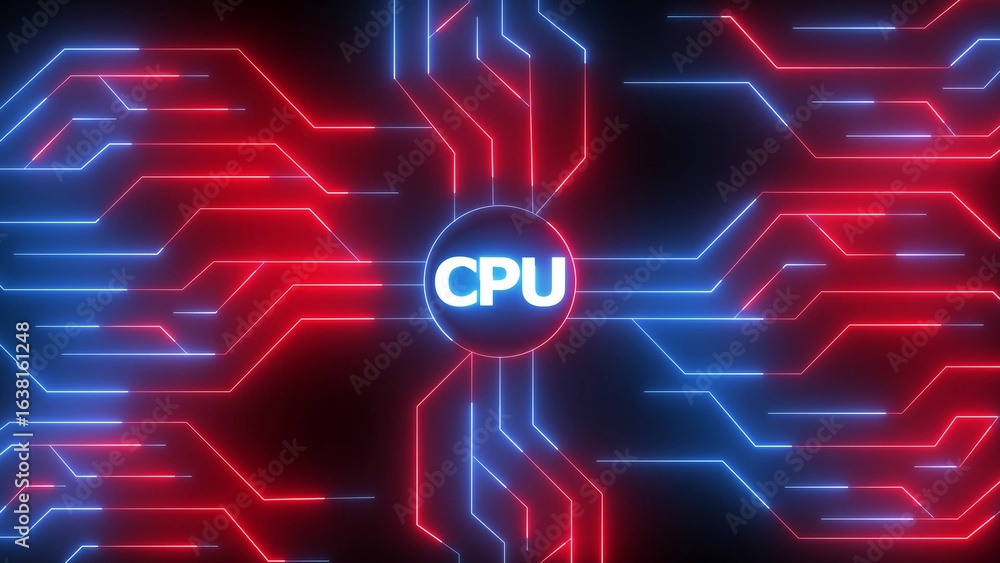 Poster glowing red and blue circuit board design with c p u text in center on black background