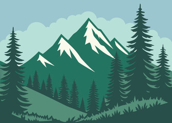 Fototapeta premium Mountain landscape with pine trees and clear blue sky, scenic nature view, peaceful outdoor adventure scene in bright daylight