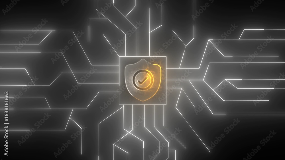 Poster glowing shield with checkmark symbol centered on circuit board lines against a dark background