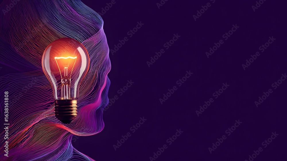 Poster illuminated lightbulb positioned within a profile of colorful lines.