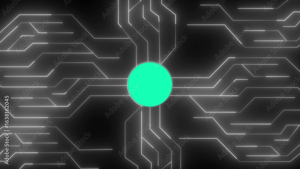 Poster glowing white circuit board design with a central green circle on a black background for technology 