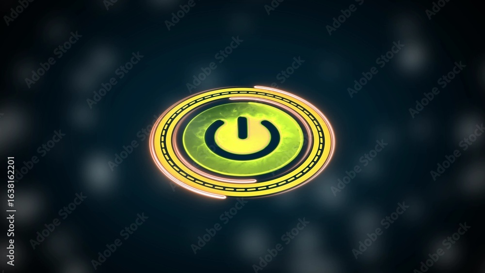 Poster glowing yellow and green power button icon on dark blue background with bokeh effect